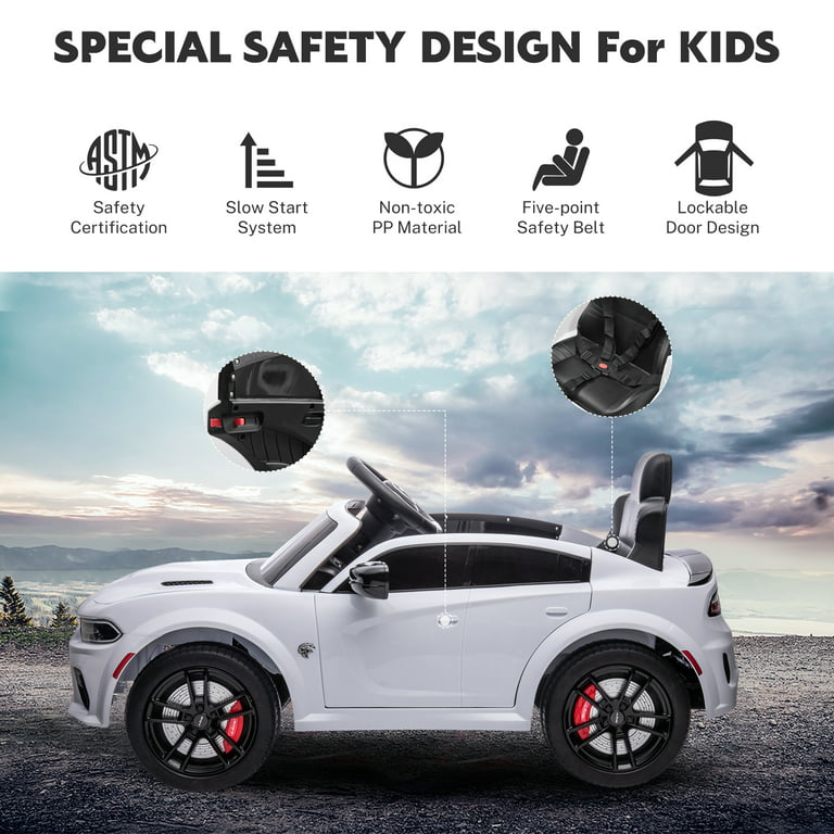 Ride on Cars, 12 V Licensed Dodge Charger Battery Powered Ride On Toys with Remote Control, MP3 Player, LED Headlights, Safety Belt, 4 Wheeler, Electric Car for Kids 3-5 Boys Girls, White