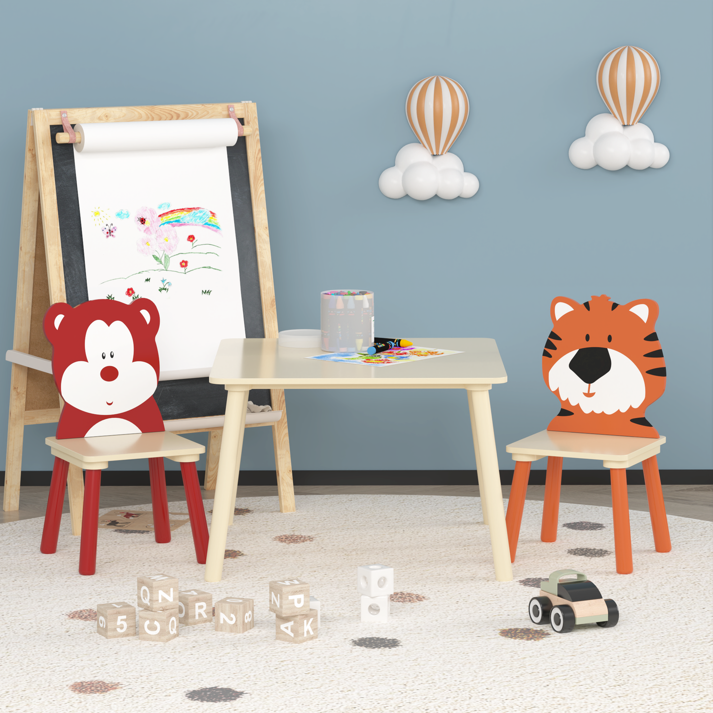 3/5 Piece Kids Table and Chairs Set, Cartoon Wooden Table with 2 Chairs Set for Toddler Children