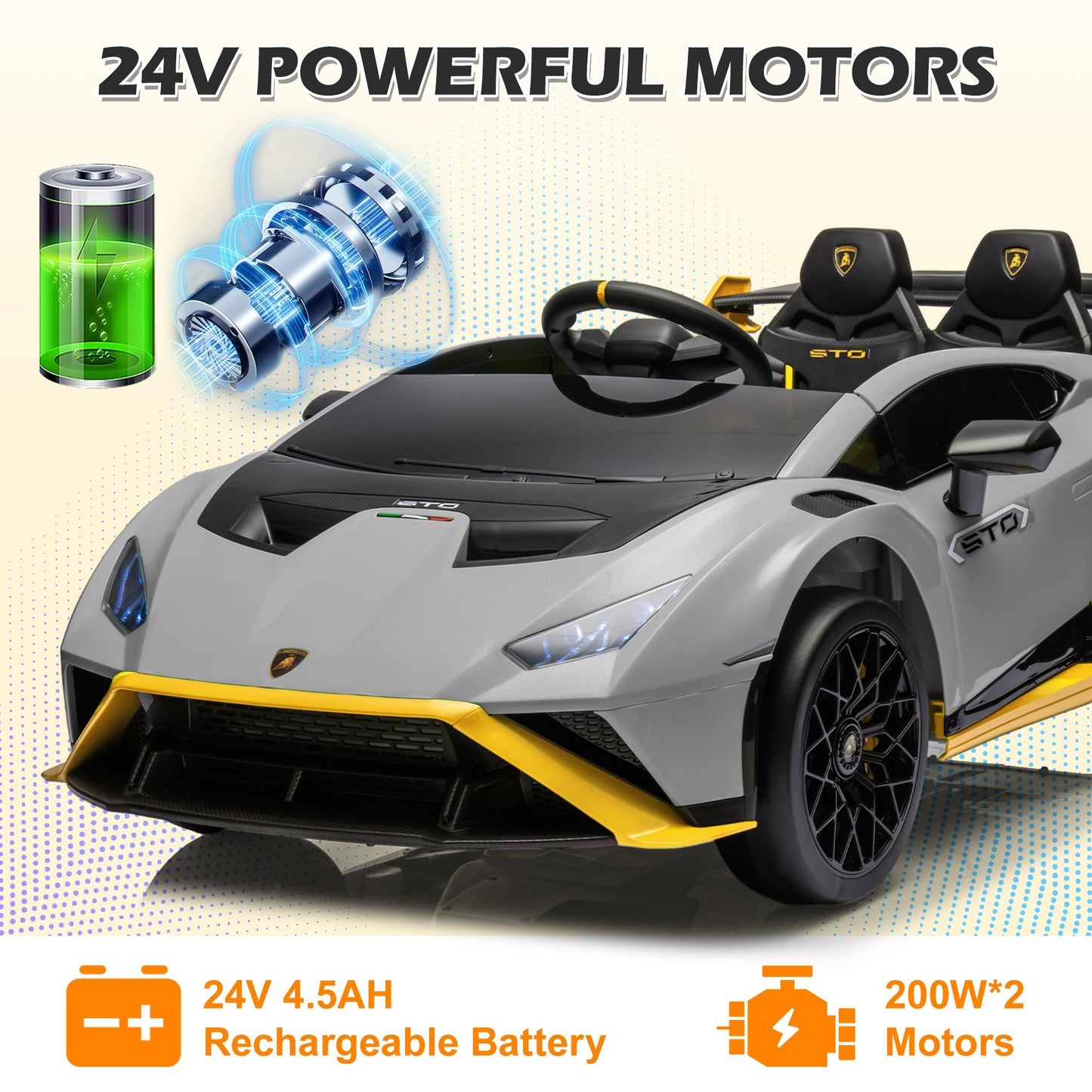 Gray 24V Lamborghini Ride on Cars with Remote Control, Battery Powered Kids Ride on Toys for Boys Girls 3-8 Ages, 4 Wheels Electric Cars for Kids with Bluetooth/Music/USB Port/LED Lights