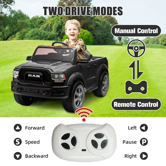 12V Powered Ride on Cars, Dodge RAM Ride on Toy with Remote Control, Kids Electric Ride on Truck with Music, Bluetooth, Cup Holder, Back Storage, Electric Cars for Kids Boys Girls 3-6 Ages, Black