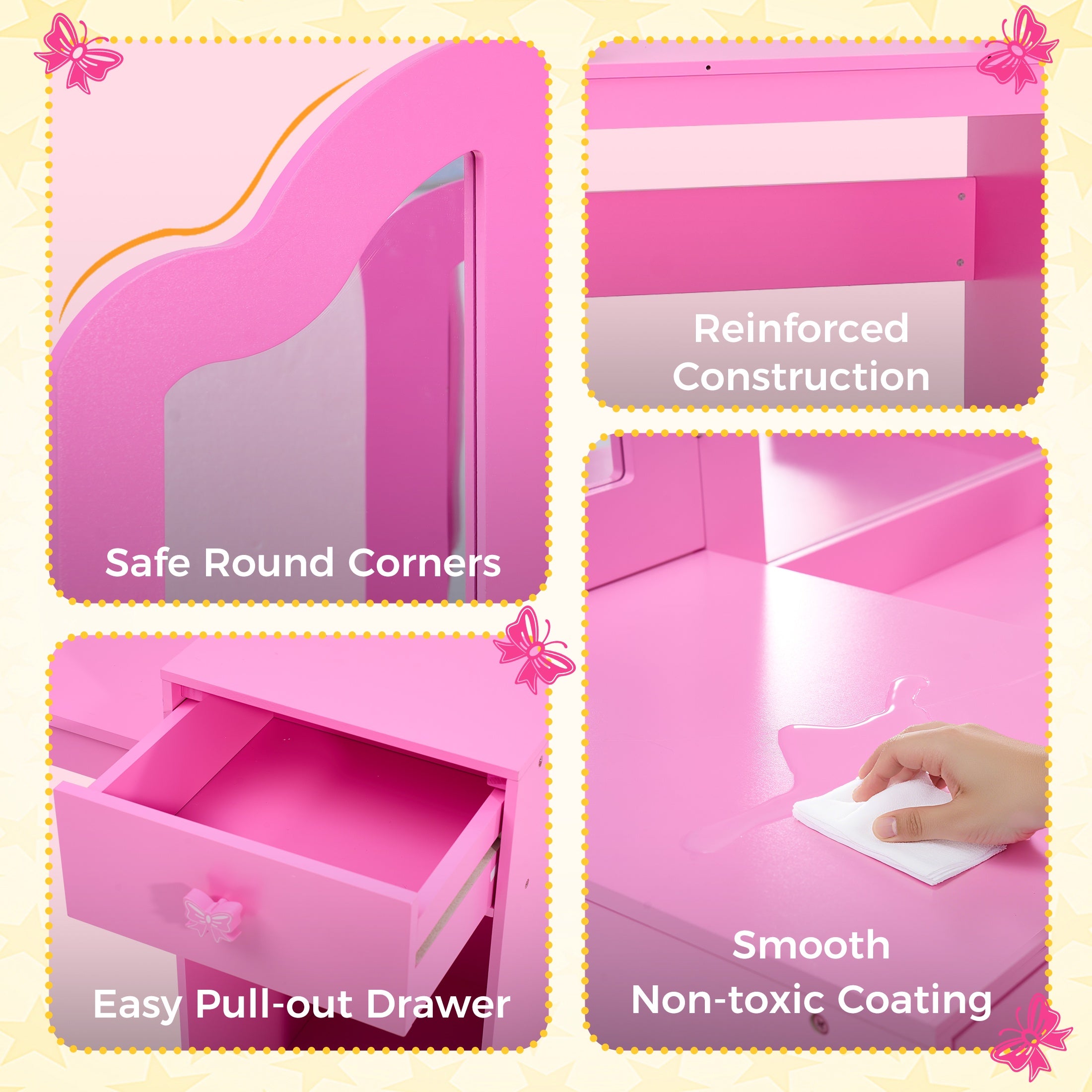 iYofe Kids Vanity Set, Girls Vanity Set with Mirror and Stool, Princess Girls Makeup Vanity Desk with Drawers, Open Storage Cabinet, Toddler Vanity Table and Chair Set for Little Girls Age 3-9, Pink
