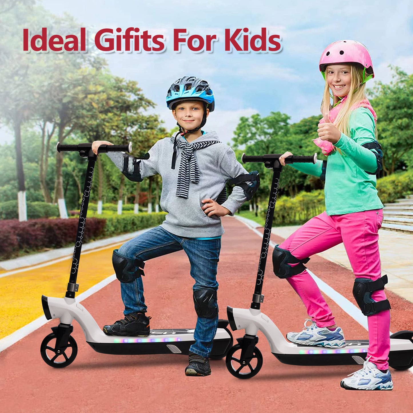 iRerts Kids Electric Scooter for 6-14 Year Old, Portable Kids Scooter for Boys Girls, 12V 45W Kids Electric Scooter with Front Big Light, Rear Brake, Colorful Deck Light, White