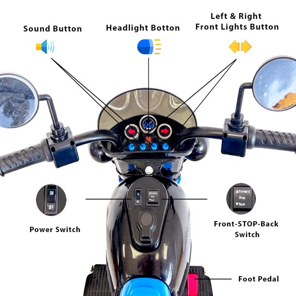 iYofe 3 Wheel Kids Ride on Toys, 6V Powered Ride on Motorcycle Car, with Horn, Headlight, Forward/Reverse Switch, Electric Trike Motorcycle for Kids Gift, Blue