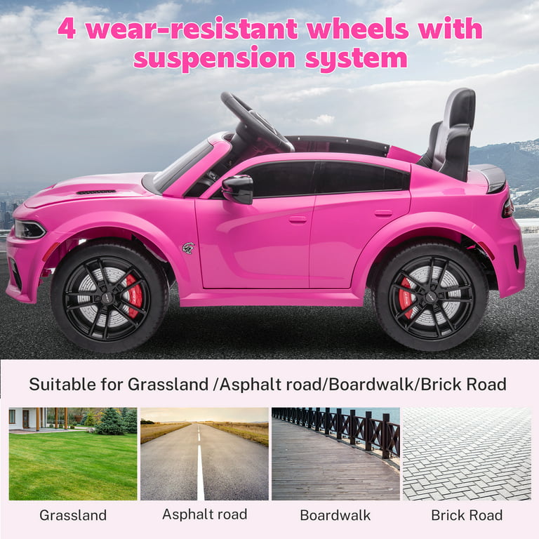 Ride on Cars, 12 V Licensed Dodge Charger Battery Powered Ride On Toys with Remote Control, MP3 Player, LED Headlights, Safety Belt, 4 Wheeler, Electric Car for Kids 3-5 Boys Girls, Pink