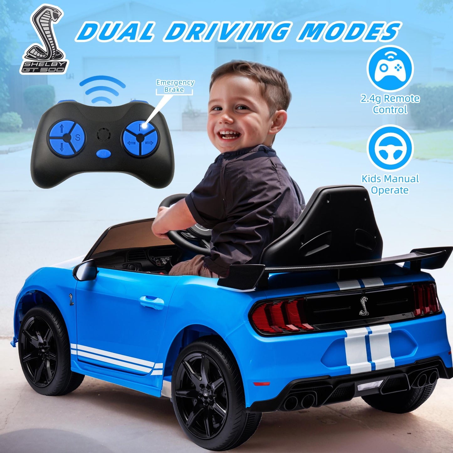 Ford Mustang Shelby 12V Ride On Car with Remote Control, Electric Car for Kids Toddler Electric Vehicle with Bluetooth, Radio, Music, USB Port, LED Lights, Battery Powered Ride on Toys for Kids, Blue