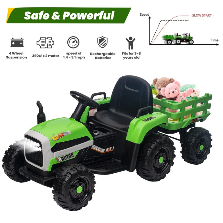 12V Kids Ride on Tractor with Trailer, Sesslife Battery Powered Electric Ride on Car w/ Remote Control, 3 speed, Power display, USB,MP3 , Bluetooth, LED light, Electric Vehicles for Boys Girls, Green