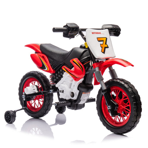 12V Kids Ride On Electric Toy Motorcycle, Rear suspension, Twist Grip Throttle, Slow Start, Removable training wheels, Indie music box with horn and engine, Simulation of dirt bike modeling for kids