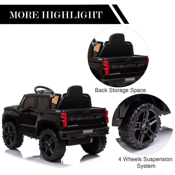 Licensed Chevrolet Silverado Kids Ride on Toys, 12V Ride on Car w/Remote Control, Battery Powered Pickup Truck Ride on w/Spring Suspension, LED Light, Music, Safety Belt, Black, D496