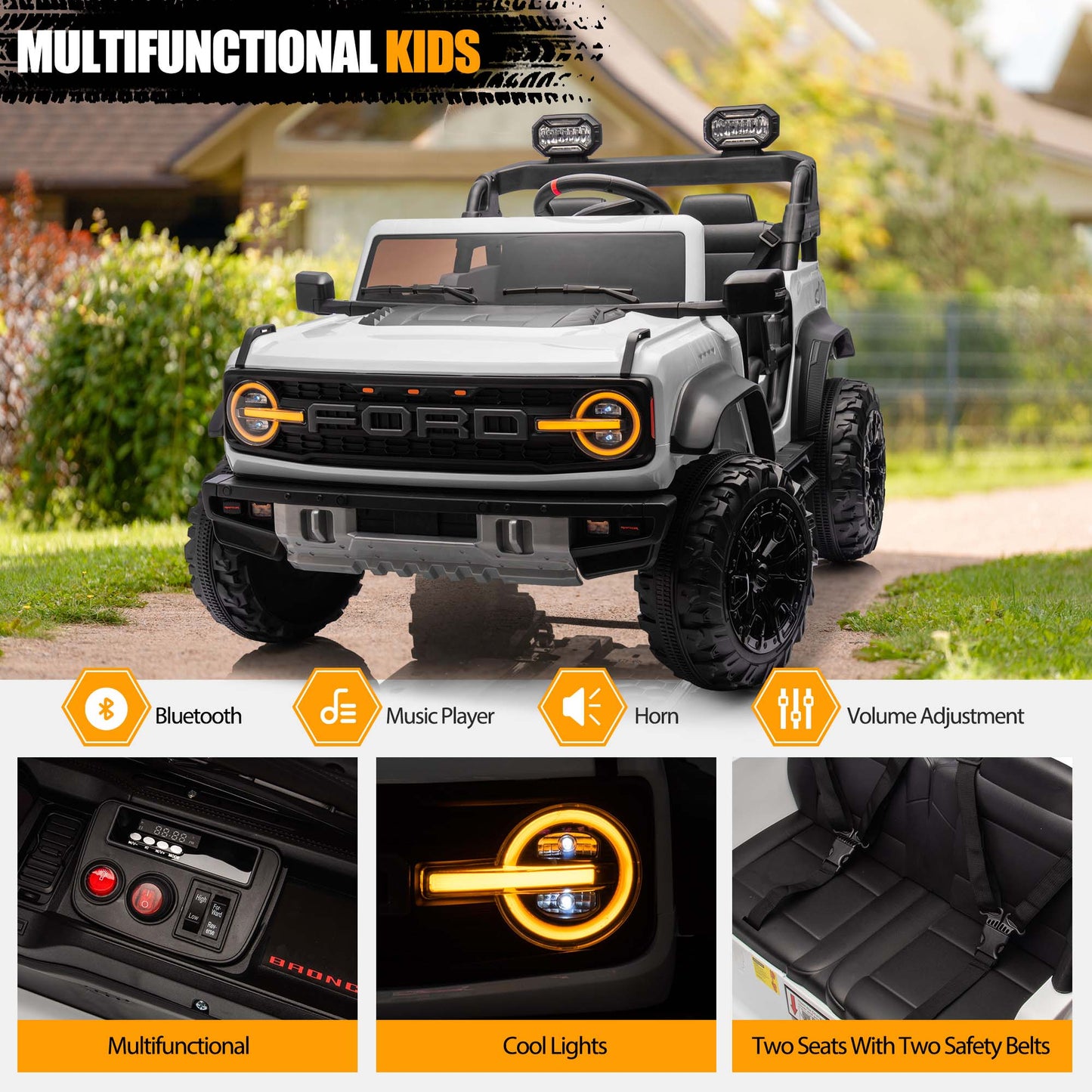 24V 2 Seater Ride on Cars, Licensed Ford Bronco Raptor Ride on Truck Toy with Remote Control, Powered Kids Car Electric Vehicles with Bluetooth/Music Player/LED Light/4 Wheel Spring Suspension, White