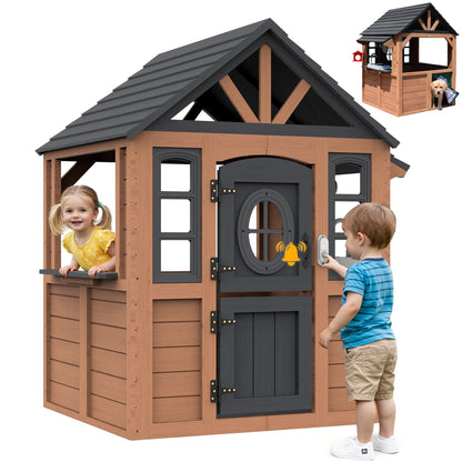 iYofe Outdoor Playhouse, Wooden Kids Playhouse with Play Kitchen, Working Doorbell, Bird Cage, Pet Door, Outdoor Kids Play Equipment Gift for Ages 2+, Brown