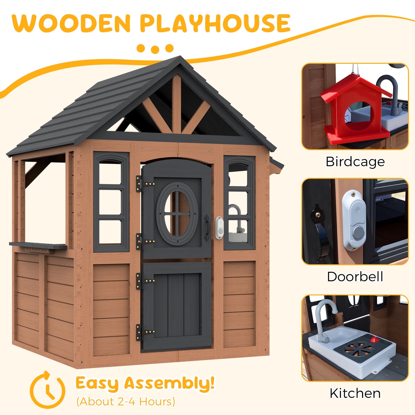 iYofe Outdoor Playhouse, Wooden Kids Playhouse with Play Kitchen, Working Doorbell, Bird Cage, Pet Door, Outdoor Kids Play Equipment Gift for Ages 2+, Brown
