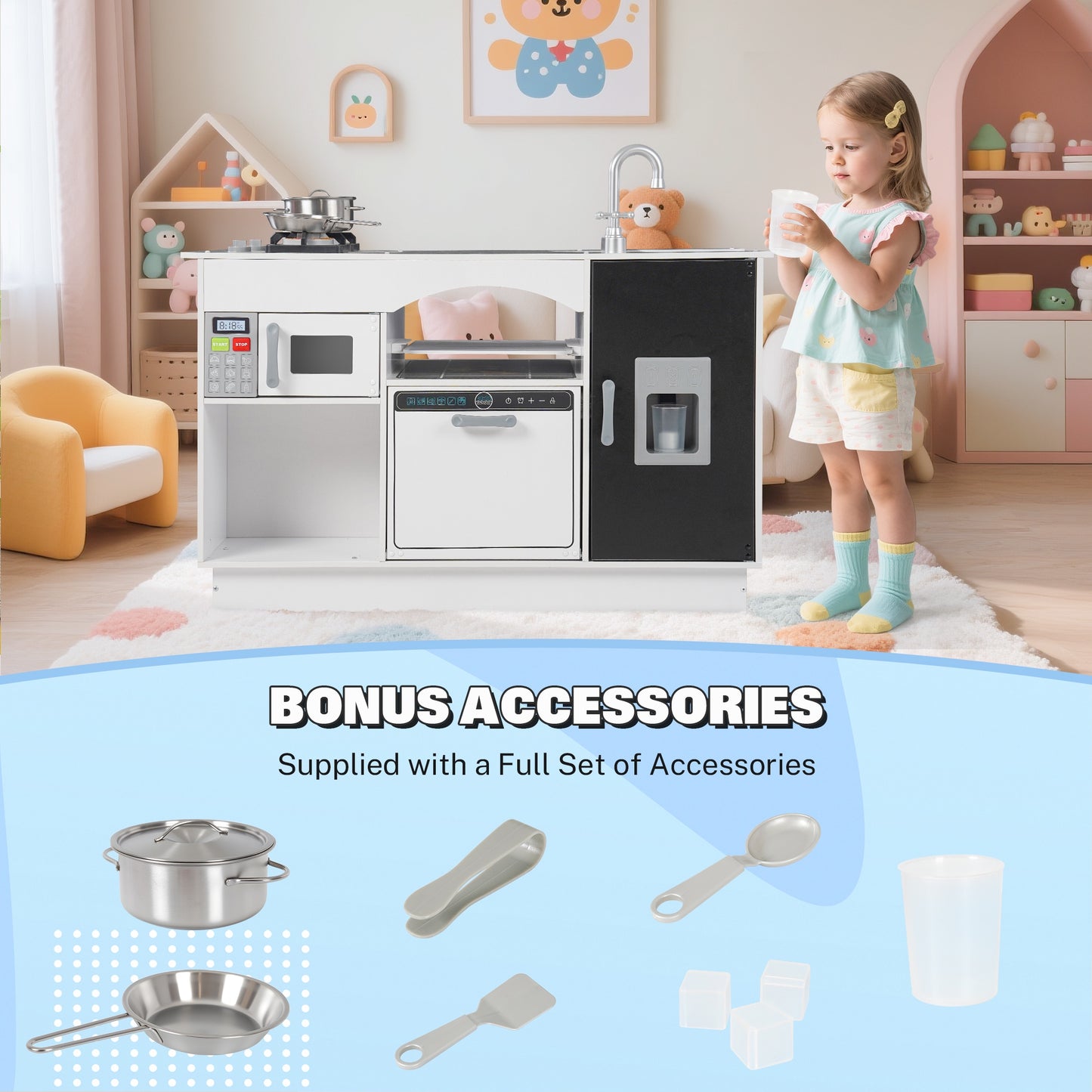 iYofe Island Play Kitchen for Kids, Wooden Kids Play Kitchen Playset Chef Pretend Play Set for Toddlers with Real Lights & Sounds, 7 Accessories, Toy Kitchen Set or Girls Boys Gift for Ages 3+, White