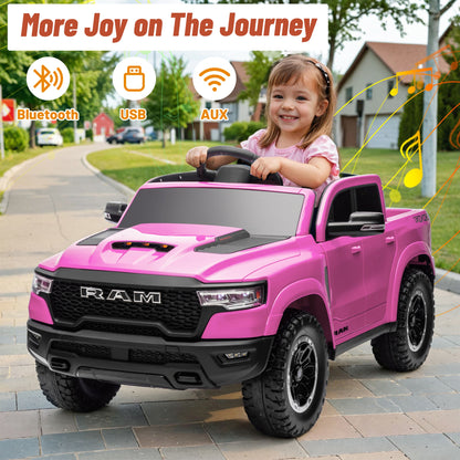 iYofe Ram Ride on Car Toys, 12V RAM 1500 Battery Powered Ride on Toy Truck with Remote Control, Electric Car for Kids Girls 3-5 w/ Bluetooth, Rear Storage Trunk, Safety Belt, 4 Wheelers