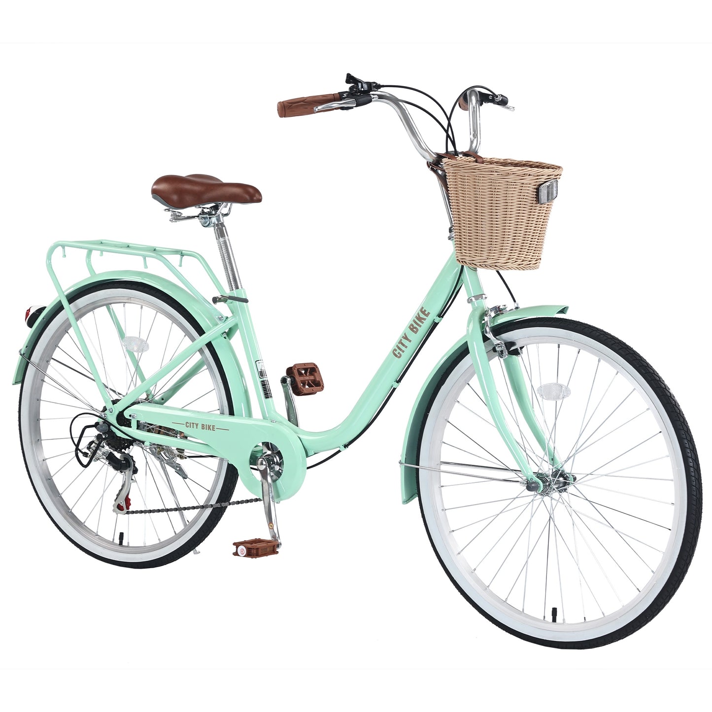 iYofe 26 inch Womens Bike, 7 Speed Hybrid Bike for Adult Teen w/ Basket and Backseat, Beach Cruiser Bike, City Comfort Commuter Bicycle for Ladies, V Brakes, 85% Assembled, Green