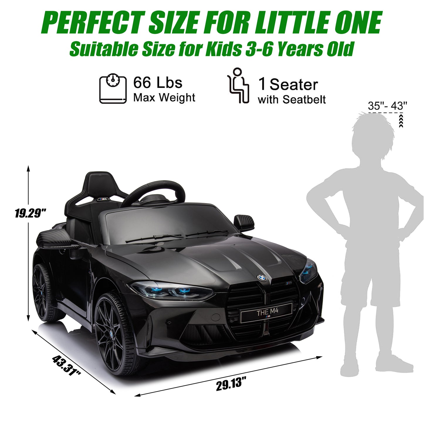 BMW M4 12V Battery Powered Ride On Cars, Kids Ride On Toys with Remote Control, Bluetooth, Music, USB/MP3 Port, LED Light, 4 Wheeler Kids Electric Cars for Boys Girls Gifts 3-6 Years Old, Black