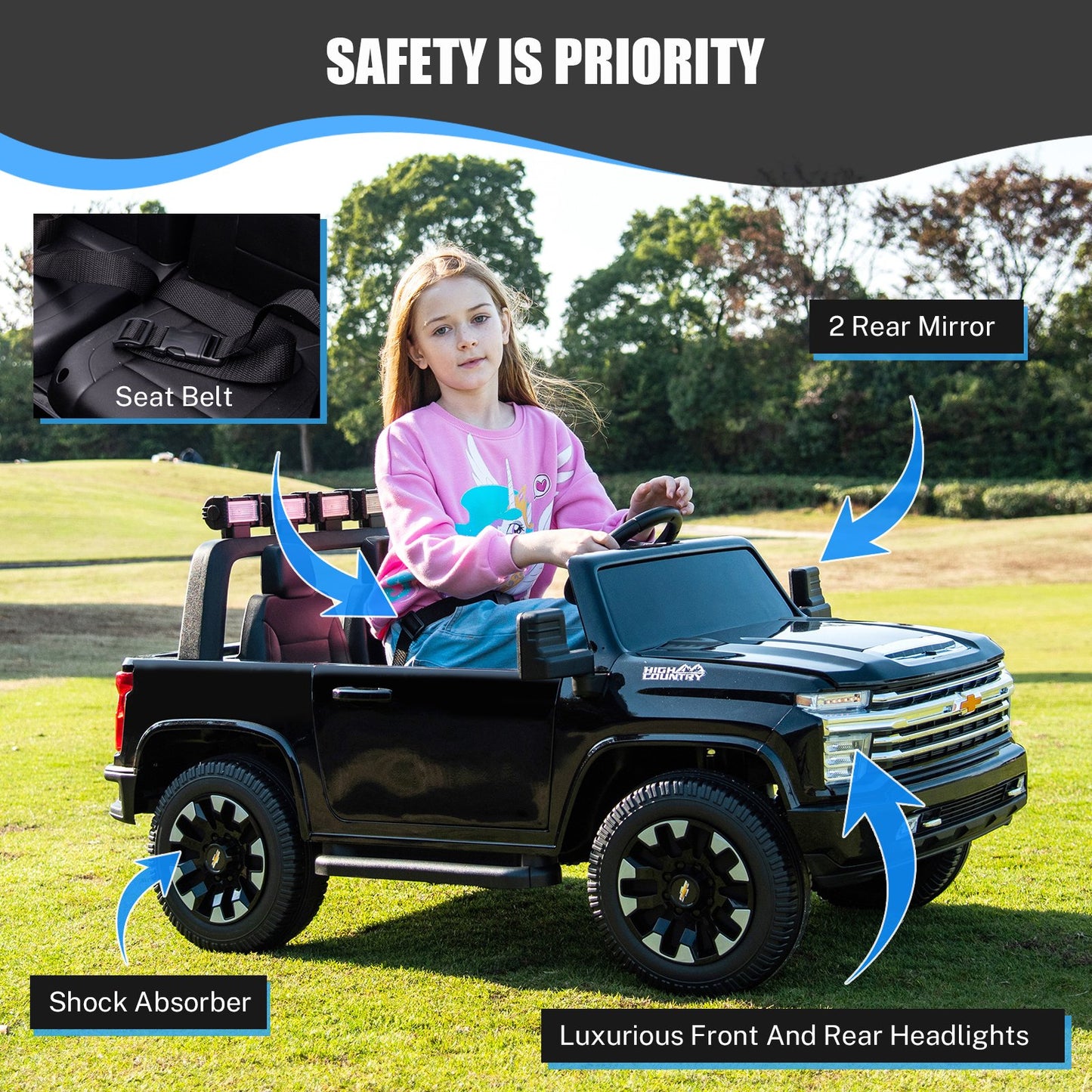 iYofe SILVERADO 12V Battery Powered Car Toy for Girls Boys, Kids Ride on Car for 3 4 5 Yrs with 2 Seats, Remote Control, LED Lights, MP3, Seat Belt, Electric Truck for Kids Birthday Gift, Black