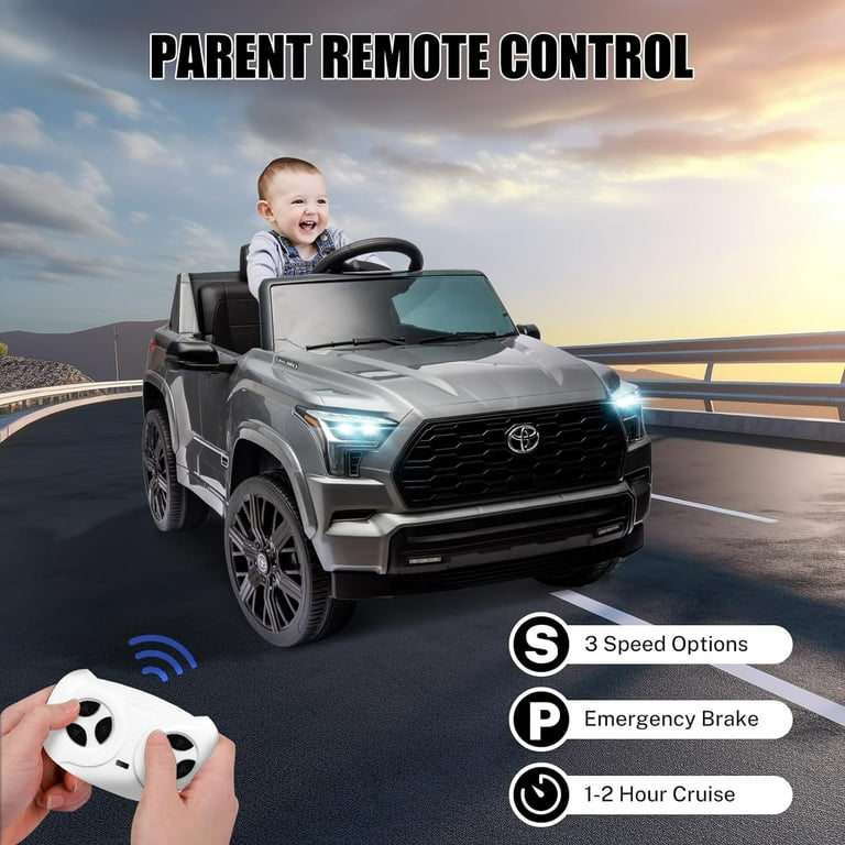 12V Ride on Toys, 2023 New Toyota Electric Car for Kids with Remote, Battery Operated Truck for kids Ages 3-6, 3 Speeds, Music, Horn, LED Lights, Suspension System - Grey