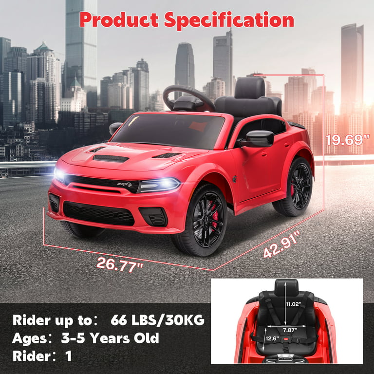 Ride on Cars, 12 V Licensed Dodge Charger Battery Powered Ride On Toys with Remote Control, MP3 Player, LED Headlights, Safety Belt, 4 Wheeler, Electric Car for Kids 3-5 Boys Girls, Red