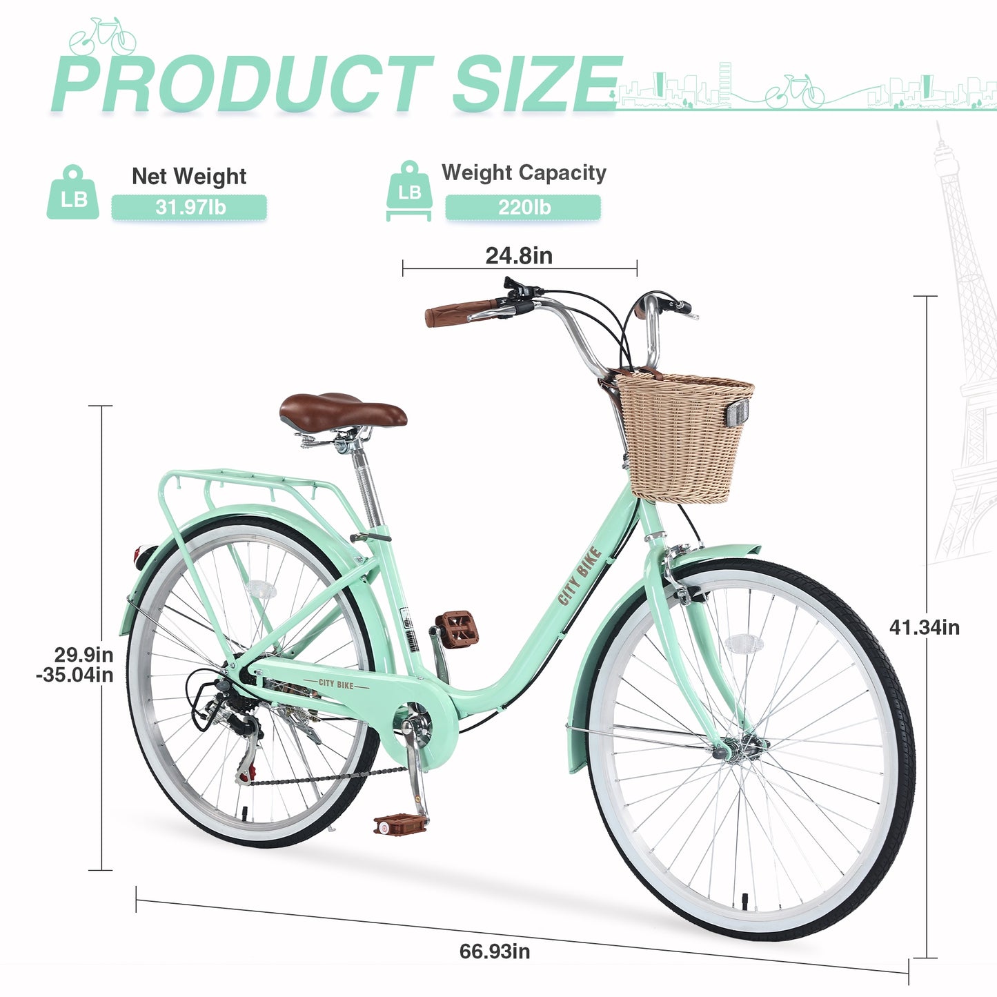 iYofe 26 inch Womens Bike, 7 Speed Hybrid Bike for Adult Teen w/ Basket and Backseat, Beach Cruiser Bike, City Comfort Commuter Bicycle for Ladies, V Brakes, 85% Assembled, Green