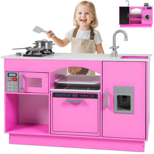 iYofe Island Play Kitchen for Kids, Wooden Kids Play Kitchen Playset Chef Pretend Play Set for Toddlers with Real Lights & Sounds, 7 Accessories, Toy Kitchen Set or Girls Boys Gift for Ages 3+, Pink