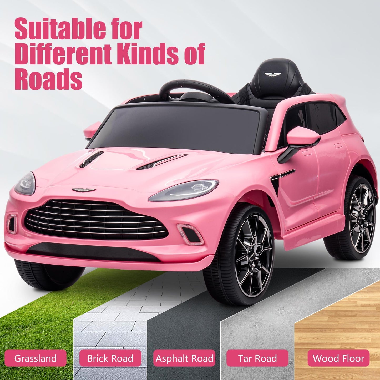 Aston Martin 12V Powered Ride On Cars with Remote Control, 4 Wheels Kids Electric Cars Vehicle with Bluetooth, LED Light, Music, USB/FM Radio, Kids Ride on Toys for Boys Girls Birthday Gifts, Pink