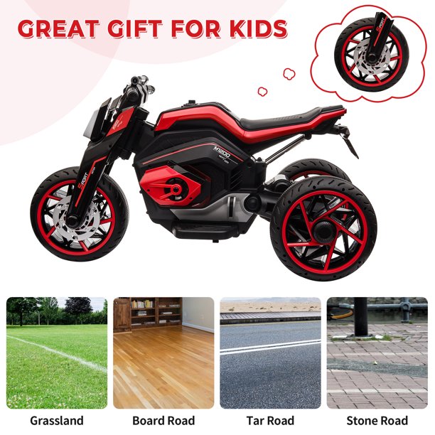 iYofe 12V Kids Ride On Motorcycle Toys,  3 Wheels Electric Trike Motorcycle, with Horn, Headlight, Forward/Reverse Switch,3 Wheel Ride on Toys for Boys Girls Gift, Red