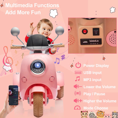 iYofe 12V Electric Motorcycle for Kids, 2 Seater Battery Power Ride on Toys with Slow Start, LED, Music, USB, 3 Wheel Electric Motorcycle for Boy Girl Birthday Gift, Pink