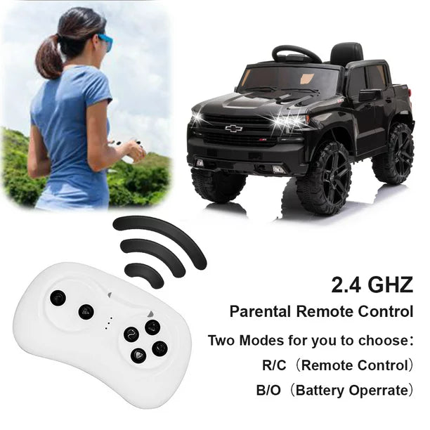 Licensed Chevrolet Silverado Kids Ride on Toys, 12V Ride on Car w/Remote Control, Battery Powered Pickup Truck Ride on w/Spring Suspension, LED Light, Music, Safety Belt, Black, D496