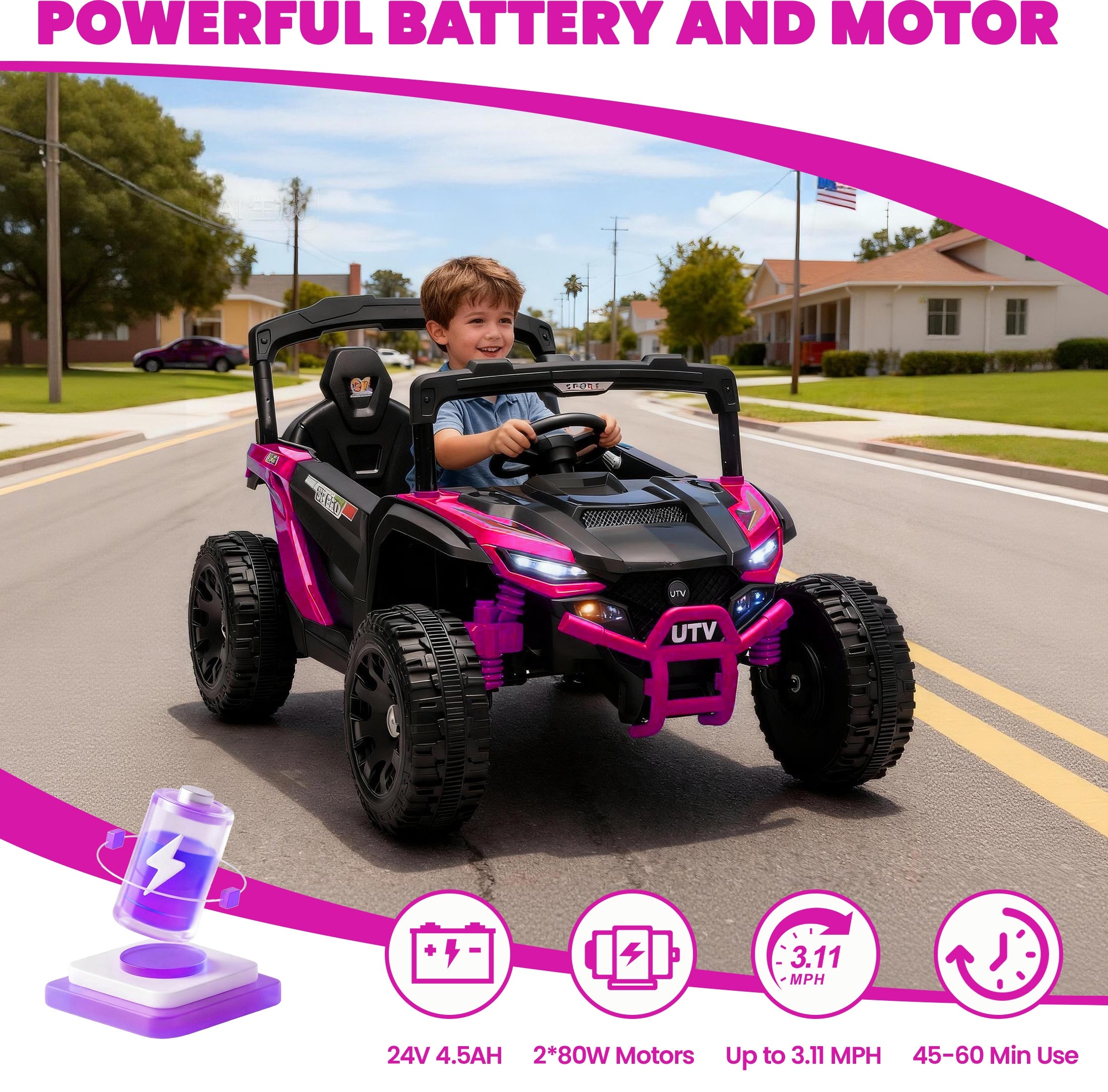 iYofe 24V Powered Ride on Toys with Remote Control, Kids Ride on Car UTV for Boys Girls Ages 3-5, Ride on Vehicles Electric Cars for Kids with Bluetooth, Music, LED Lights, 4 Wheels Suspension, Pink