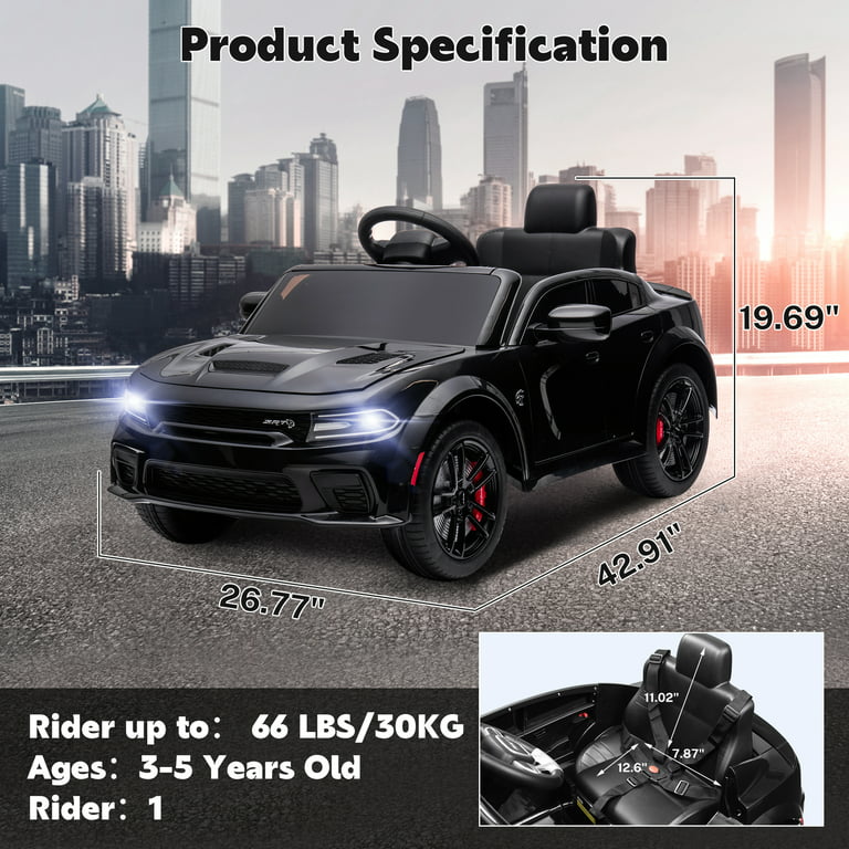 Ride on Cars, 12 V Licensed Dodge Charger Battery Powered Ride On Toys with Remote Control, MP3 Player, LED Headlights, Safety Belt, 4 Wheeler, Electric Car for Kids 3-5 Boys Girls, Black