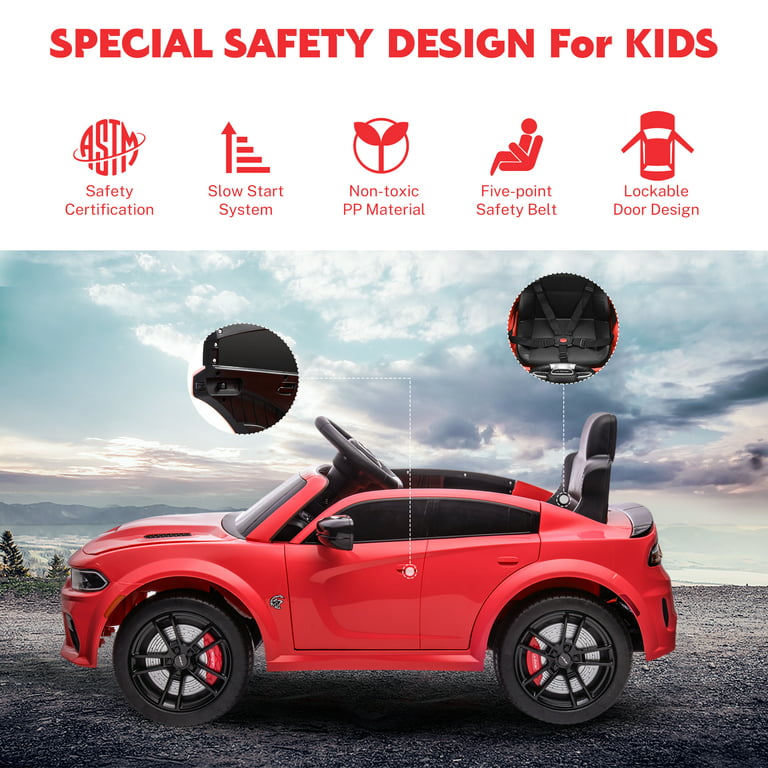 Ride on Cars, 12 V Licensed Dodge Charger Battery Powered Ride On Toys with Remote Control, MP3 Player, LED Headlights, Safety Belt, 4 Wheeler, Electric Car for Kids 3-5 Boys Girls, Red