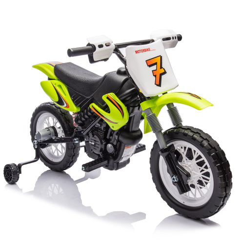 12V Kids Ride On Electric Toy Motorcycle, Rear suspension, Twist Grip Throttle, Slow Start, Removable training wheels, Indie music box with horn and engine, Simulation of dirt bike modeling for kids