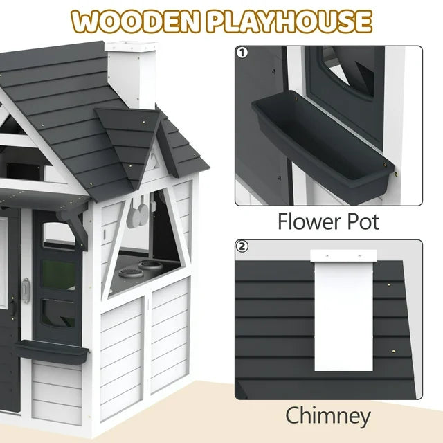 Outdoor Playhouse for Kids Ages 4-8, Wooden Play House with Front Door, Doorbell, Flower Pot Holders, Stove, Sink, Cookware, Windows, Indoor Outdoor Kids Play Equipment Gift for Boys & Girls