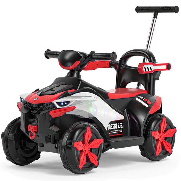 iYofe Kids Ride on ATV, Electric Push Car for Boys Girls 2-4 Years Old, 6V Ride on Car with Remote Control, LED Lights, Bluetooth, USB Port, Push Handle and Guardrail, Red