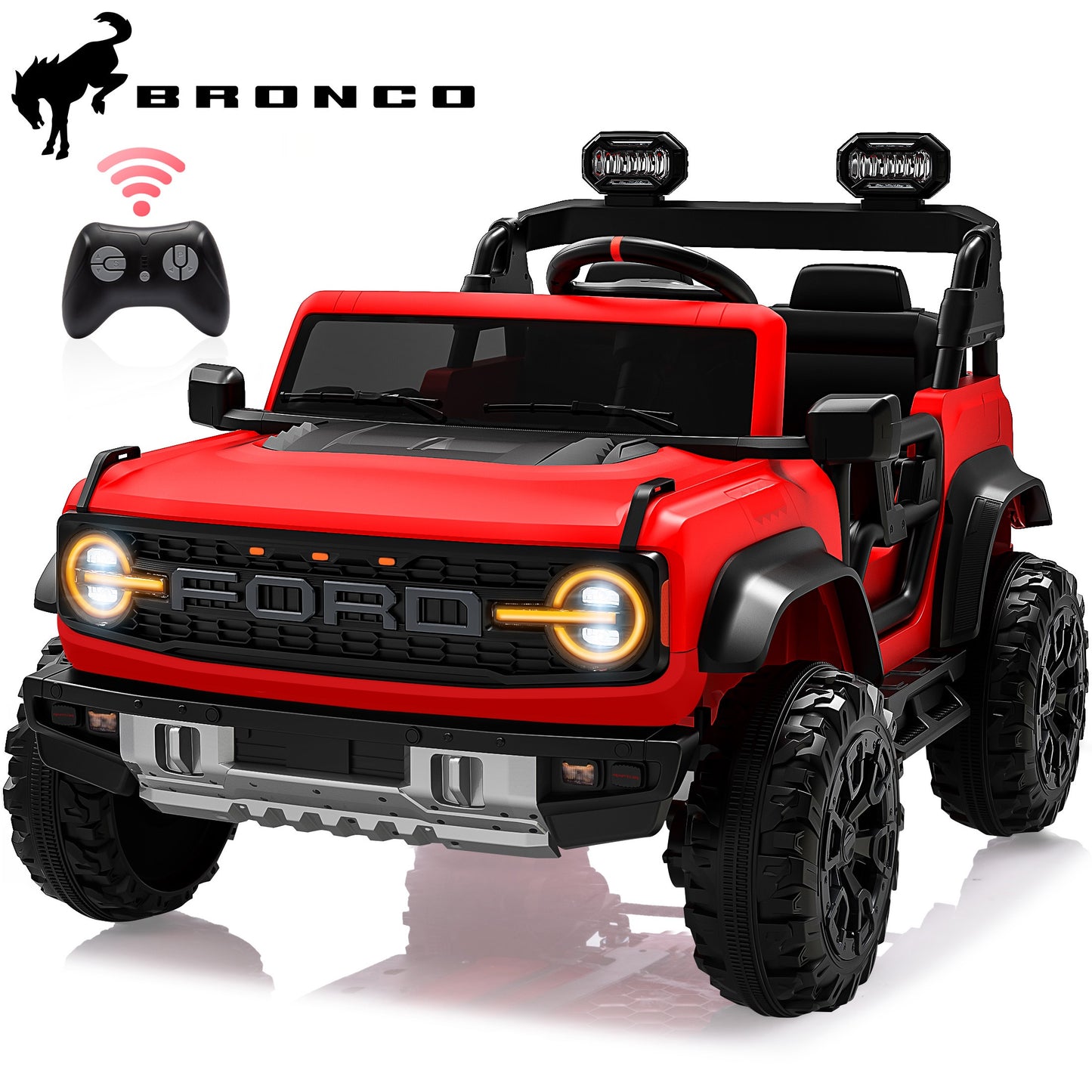 24V 2 Seater Ride on Cars, Licensed Ford Bronco Raptor Powered Ride on Toy Truck with Remote Control, Electric Car for Kids 3-8 Gifts with Bluetooth/LED Light/Spring Suspension, 4 Wheelers, Red