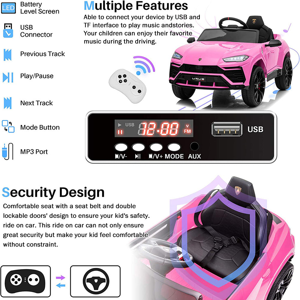 Electric Kids Ride on Toys, 12V Kids Lamborghini Ride On Car for Boys Girls, Battery Powered Kids Electric Cars with Remote Control, 3 Speeds, LED Lights, MP3, Christmas Gift, Pink, R847