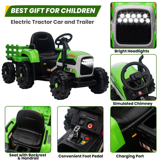 12V Kids Ride on Tractor with Trailer, Sesslife Battery Powered Electric Ride on Car w/ Remote Control, 3 speed, Power display, USB,MP3 , Bluetooth, LED light, Electric Vehicles for Boys Girls, Green