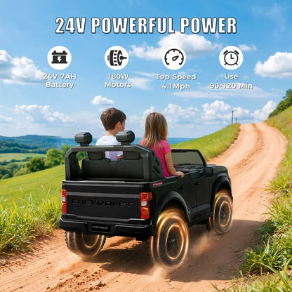 Chevrolet Silverado 24V Powered Ride on Cars for Kids, Extra large Real 2 Seat Ride on Toys with Remote Control, LED Light, MP3 Player, Electric Vehicles Ride on Truck for Boys Girls Gifts, Black