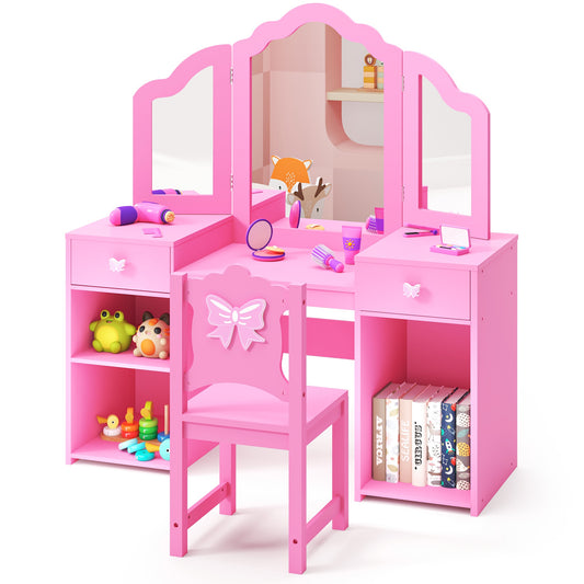 Girls Vanity Set with Mirror and Stool, Wood 2 in 1 Princess Kids Vanity Sets for Girls 3-9 Years Old, Kids Makeup Vanity Table Set with Detachable Top, Storage Cabinet, Pink