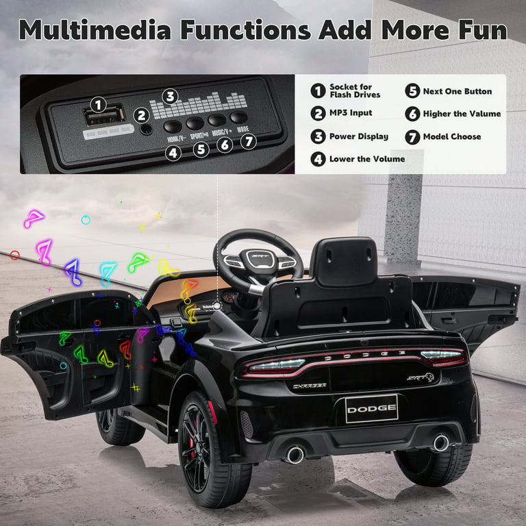 Ride on Cars, 12 V Licensed Dodge Charger Battery Powered Ride On Toys with Remote Control, MP3 Player, LED Headlights, Safety Belt, 4 Wheeler, Electric Car for Kids 3-5 Boys Girls, Black