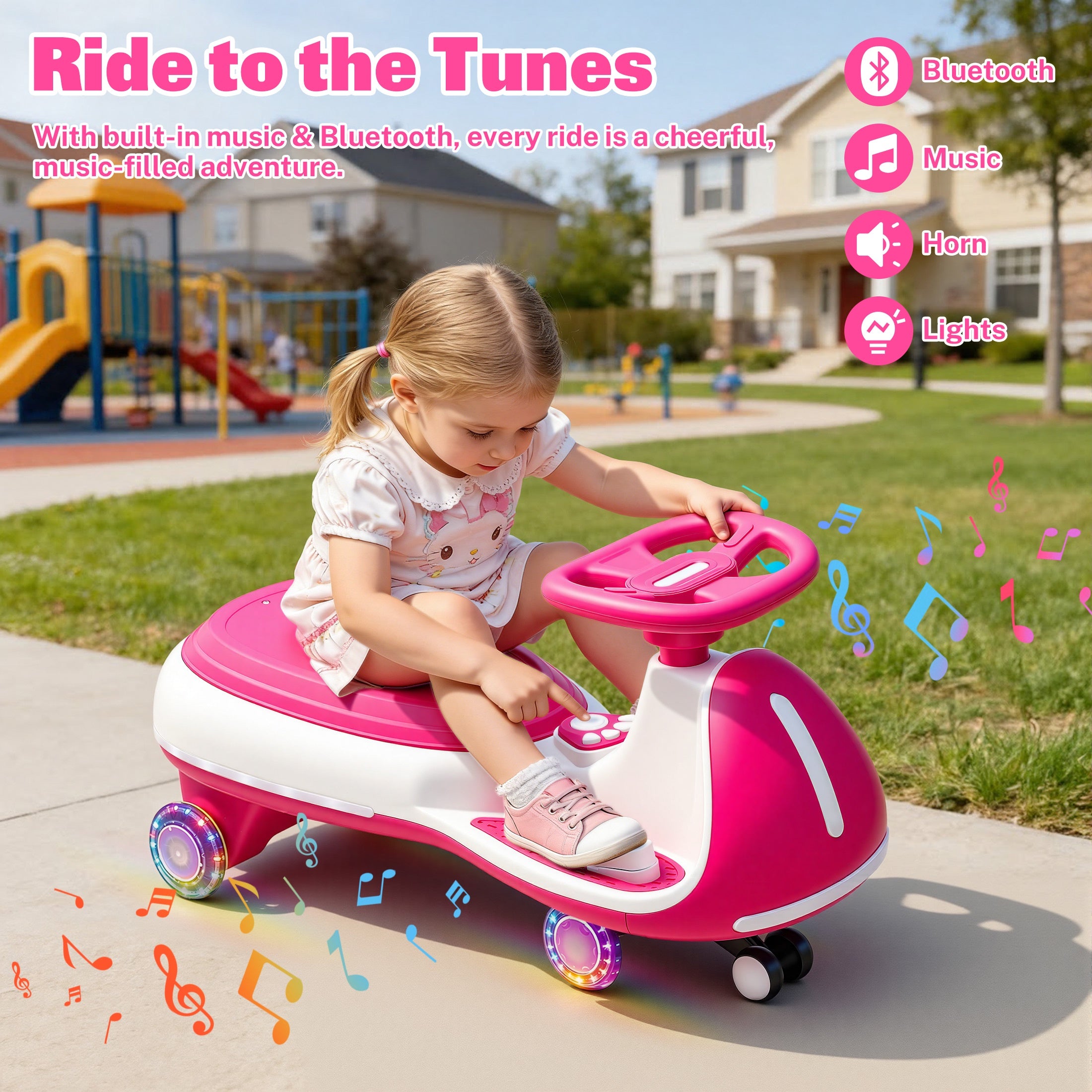 12V Electric Wiggle Car for Kids, Toddlers Ride on Toys with Pedal, Display, Flashing PU Wheels, LED Light, Bluetooth Music, Max Speed 5 MPH, Kids Ride on Cars for Boys Girls 3+, Rose Red