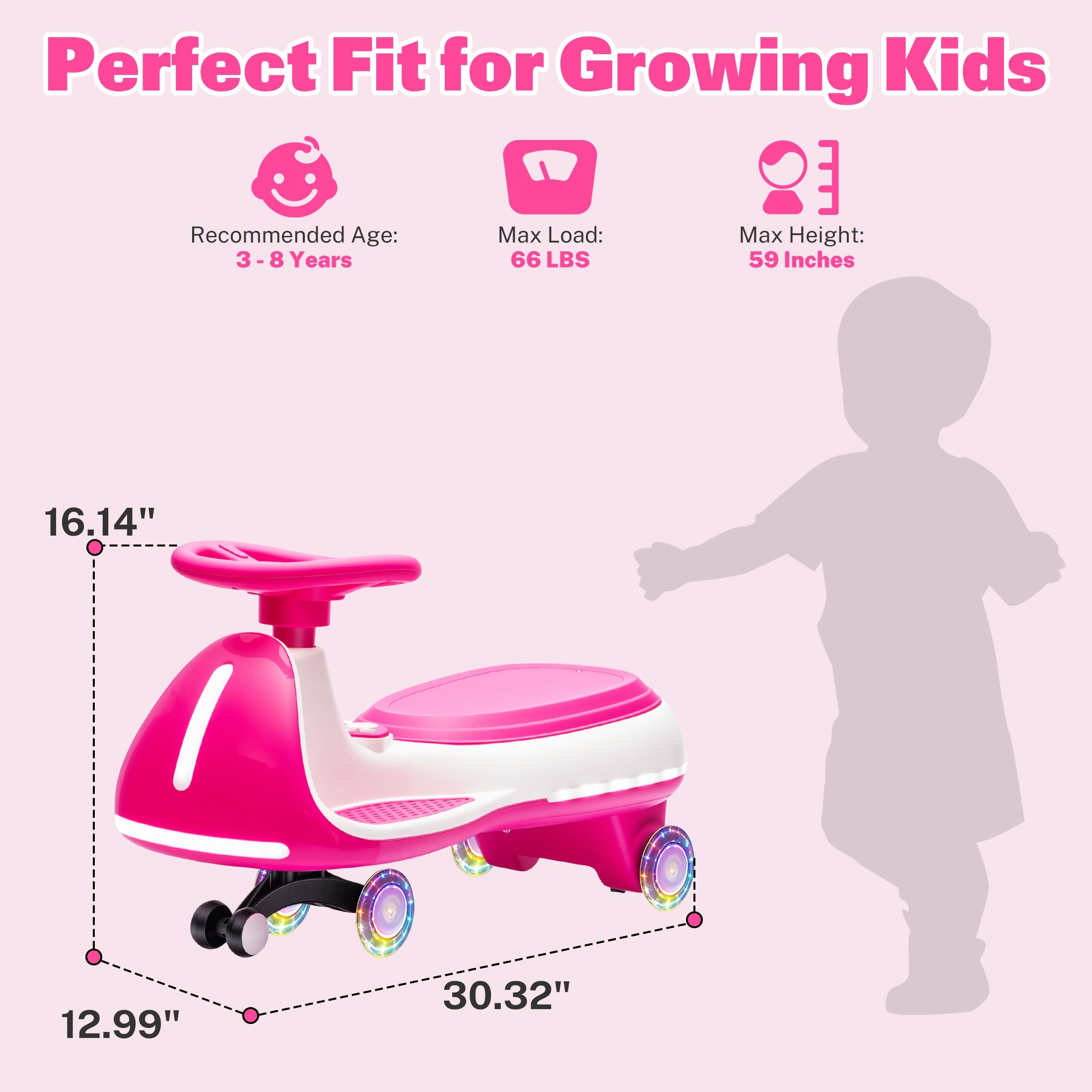 12V Electric Wiggle Car for Kids, Toddlers Ride on Toys with Pedal, Display, Flashing PU Wheels, LED Light, Bluetooth Music, Max Speed 5 MPH, Kids Ride on Cars for Boys Girls 3+, Rose Red