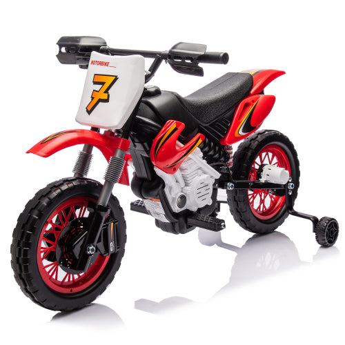 12V Kids Ride On Electric Toy Motorcycle, Rear suspension, Twist Grip Throttle, Slow Start, Removable training wheels, Indie music box with horn and engine, Simulation of dirt bike modeling for kids