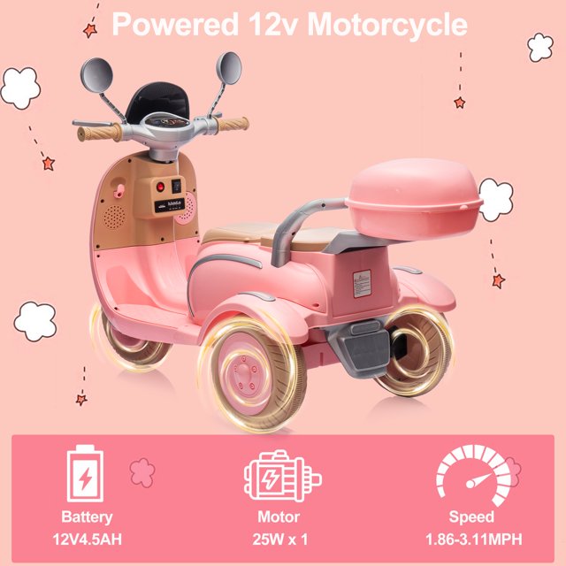 iYofe 12V Electric Motorcycle for Kids, 2 Seater Battery Power Ride on Toys with Slow Start, LED, Music, USB, 3 Wheel Electric Motorcycle for Boy Girl Birthday Gift, Pink