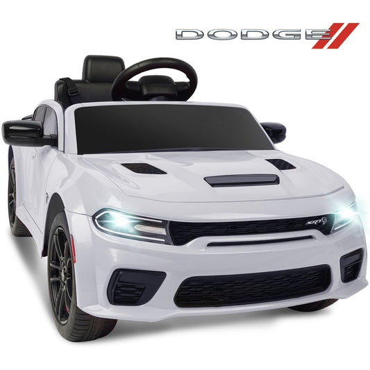 Ride on Cars, 12 V Licensed Dodge Charger Battery Powered Ride On Toys with Remote Control, MP3 Player, LED Headlights, Safety Belt, 4 Wheeler, Electric Car for Kids 3-5 Boys Girls, White