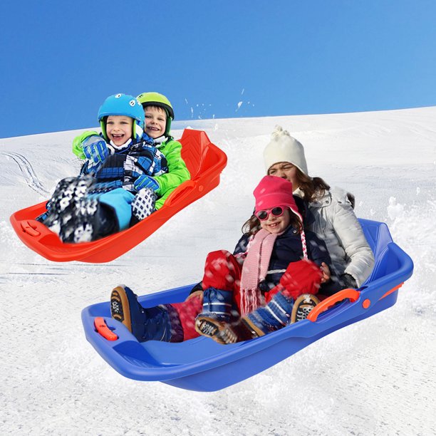 iYofe Sled Set of 2, Snow Sleds with Brake, Pull Rope and Backrest, 35"L x 18"W x 8"H Plastic Sled for One Rider, Outdoor Toy for Ages 3+, Holds Up 200 lbs, Blue & Orange