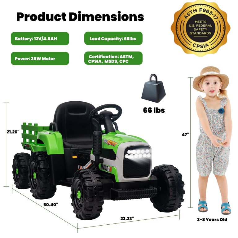 12V Kids Ride on Tractor with Trailer, Sesslife Battery Powered Electric Ride on Car w/ Remote Control, 3 speed, Power display, USB,MP3 , Bluetooth, LED light, Electric Vehicles for Boys Girls, Green