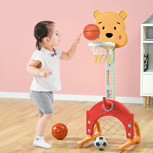 iYofe 3 in 1 Basketball Hoop Set for Kids, Adjustable Height Basketball Stand with Basketball/Ring Toss/Soccer, Toddler Sport Toy for Outdoor Indoor, Basketball System for Girls Birthday Gift, Red