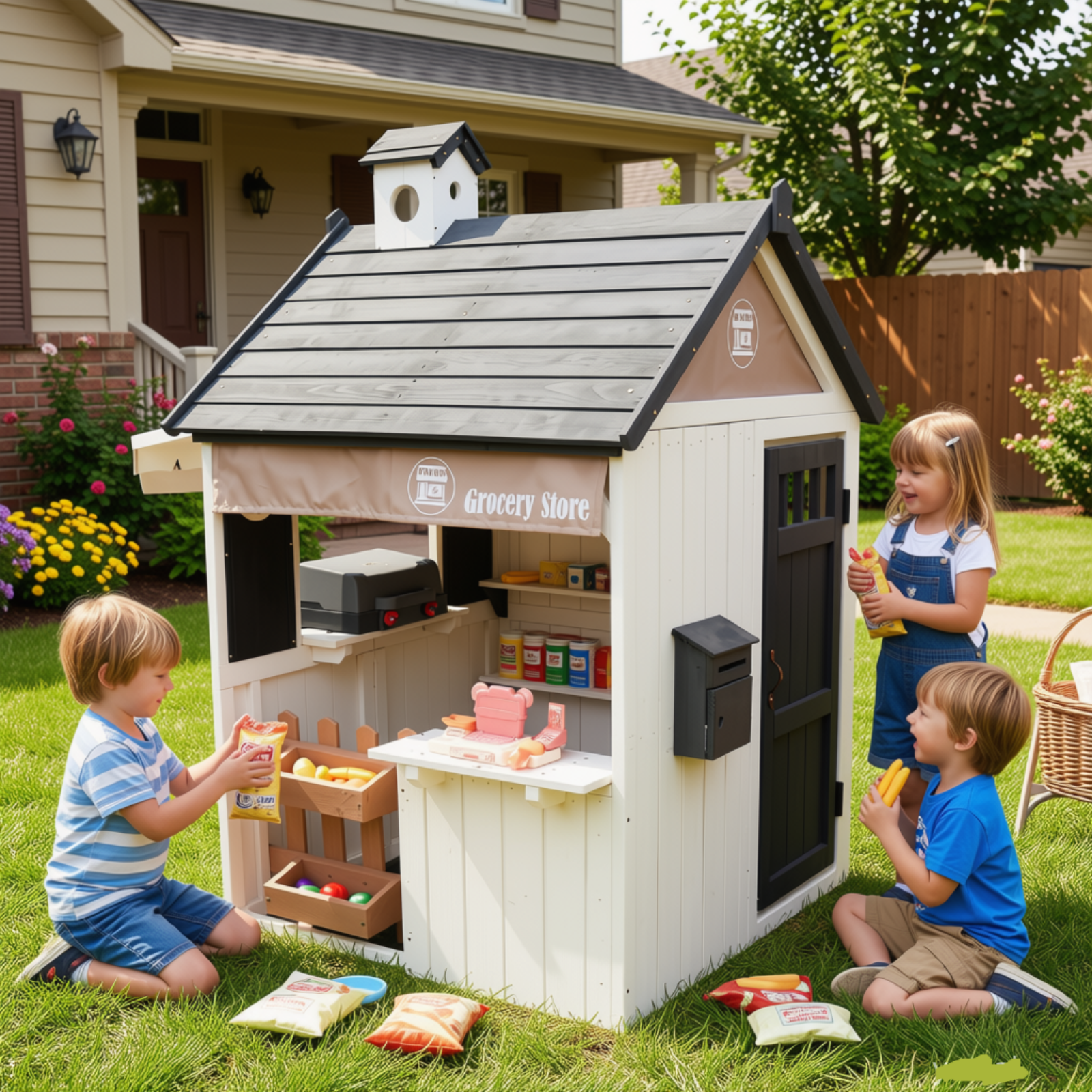 iYofe Outdoor Playhouse for Kids, Grocery Store Wood Playhouse with Checkout Counter, Pretend Cash Register, Outside Play House with BBQ Grill Kitchen Playset, Pretend Food for Girls Boys