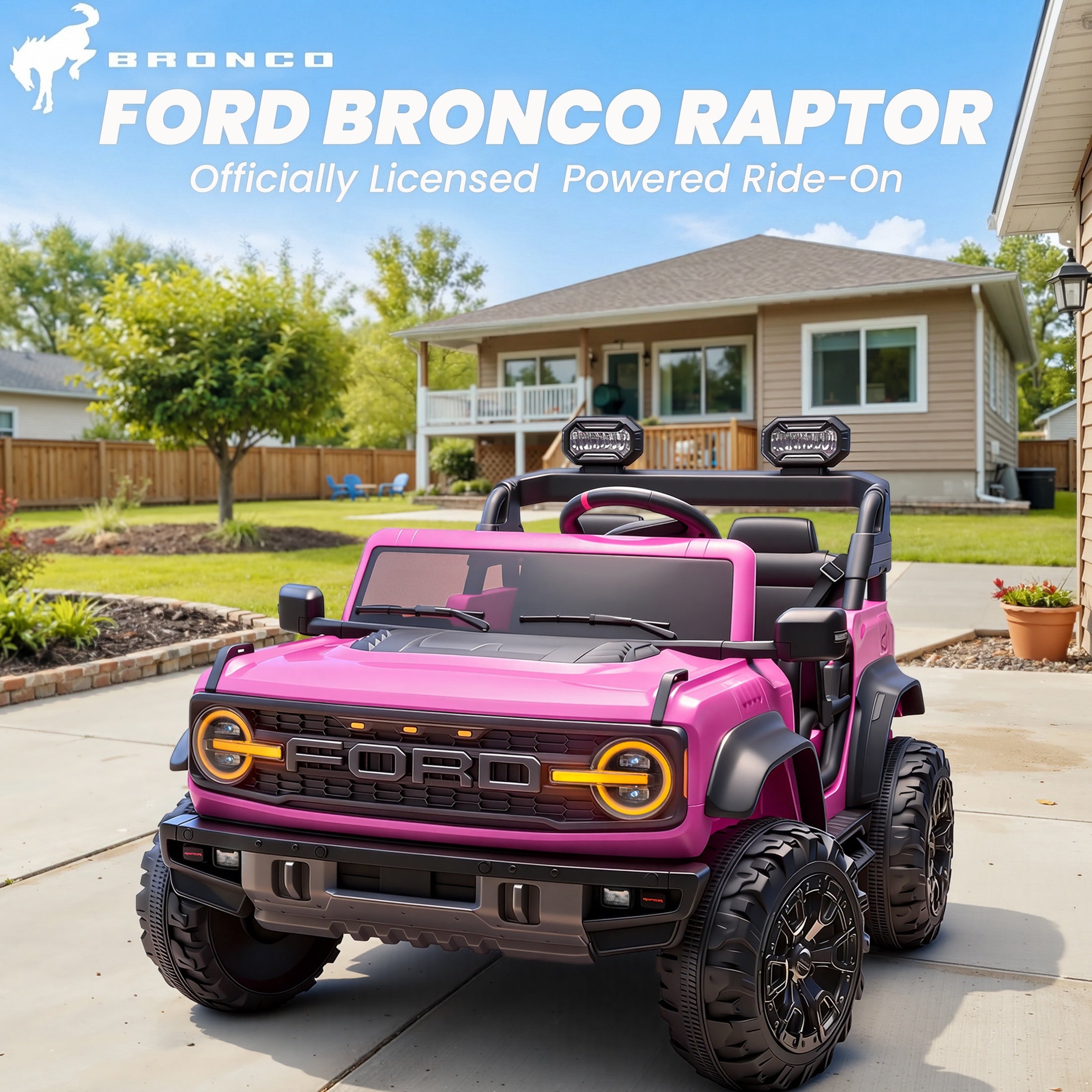 iYofe 24V 2 Seater Ford Bronco Raptor Powered Ride on Car with Remote Control, Bluetooth, Ages 3-8, Pink